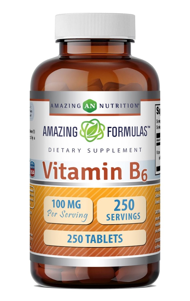 Amazing valemid Vitamiin B6 täiendus | 100 mg serveerimise kohta | Tabletid | Mitte-GMO | Gluteenivaba | Valmistatud USAs (1 Pack, 250 Count)