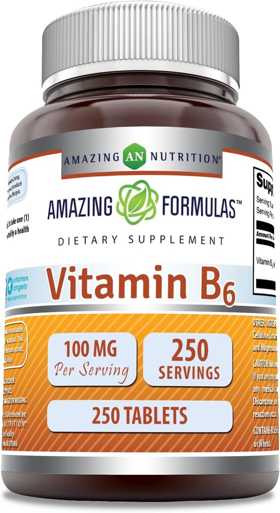 Amazing valemid Vitamiin B6 täiendus | 100 mg serveerimise kohta | Tabletid | Mitte-GMO | Gluteenivaba | Valmistatud USAs (1 Pack, 250 Count)