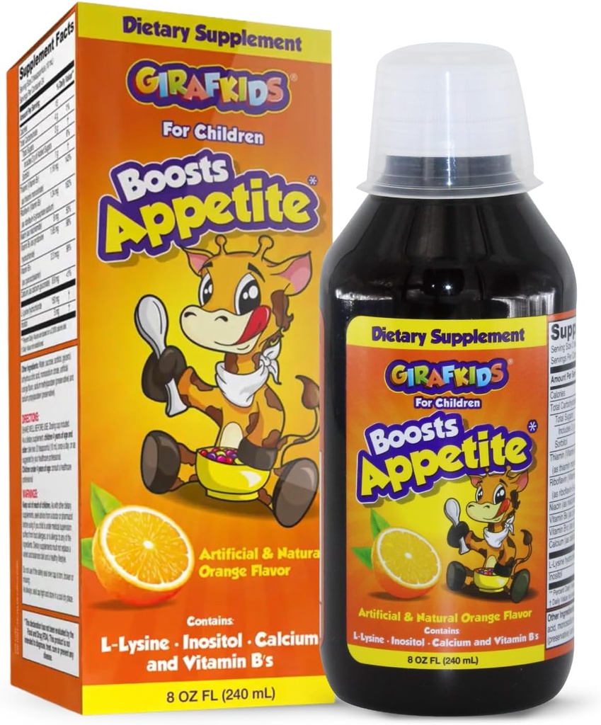 GirafKids Appetite Booster Syrup for Kids Ages 4+, 8 Fl Oz - Vitamins for Kids, Orange Flavor - Promotes Healthy Appetite & Energy