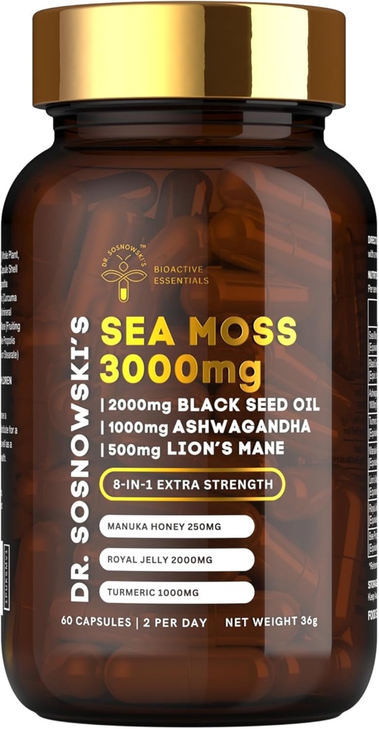 Dr Sosnowski BioActive Sea Moss | 8-in-1 valem, mis on rikastatud musta seemnega, Ashwagandha, Kurkum, Manuka Honey, Lõvi Mane, Royal Jelly, Bee Propolis Extract | 60 kapslit