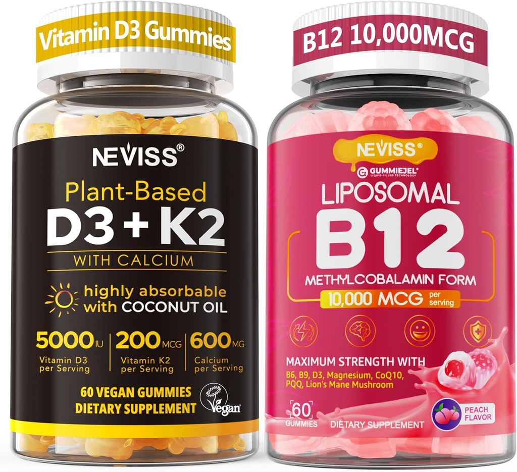 NEVISS 2Pack Vitamiin D3 5000iu & K2( nagu MK7) 200mcg Gummies + 600mg Kaltsium + 1 Pack Liposomal Metüül B12 5000 mcg/10000 mcg
