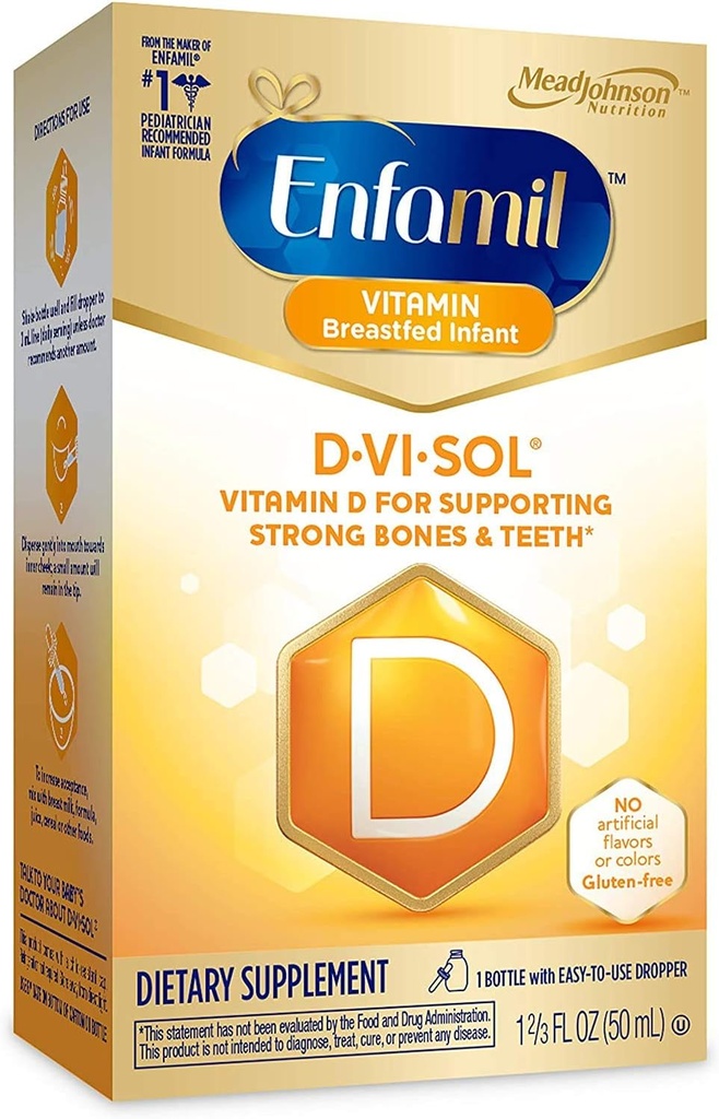 Enfamiili D-Vi-tahke D-vitamiini tilgad imikutele, toetab tugevaid luid ja hambaid, gluteenivaba, kergesti kasutatav tilguti pudel 50 ml
