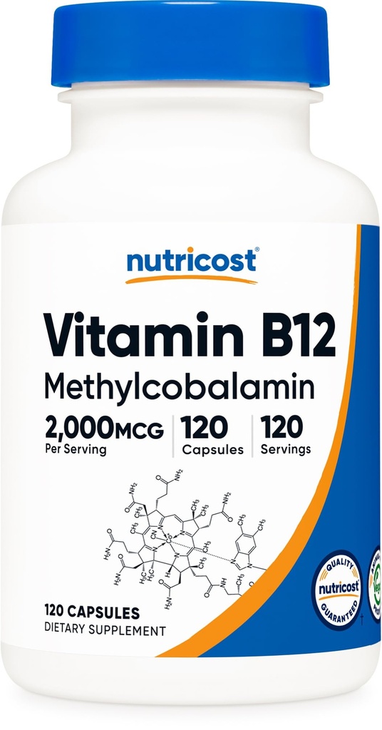 Nutrikost Vitamiin B12 (metüülkobalamiin) 2000mcg, 120 kapslit - taimetoitlased kapslid, mitte-GMO, Gluteenivaba B12 täiendus