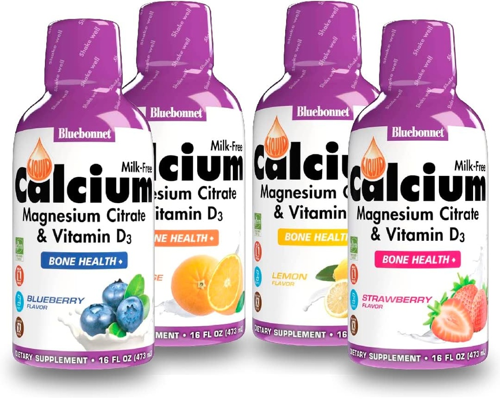 Bluebonnet Nutrition Vedel Kaltsiumtsitraat Magneesiumtsitraat, D3-vitamiin, luude tervis - oranži, mustika, sidruni ja maasikamaitse komplekt, 4 pudelit 16 Fl Oz iga (64 Fl Oz kokku)