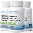 Puregen Labs Raudglükonaat 324 mg [suure tugevusega] Raualisand, õrn kõhul | 3 Pack - 300 tabletti Kokku