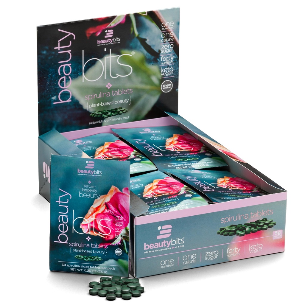 BEAUTYbits - Orgaaniline Spirulina tabletid - vetikad Superfood - kollageen, valk, klorofüll - juuksed, küüned ja nahahooldus - Vegan, Keto, Gluteenivaba - Enesehooldus - Nahahooldus - 30 kotti, 900 tabletti