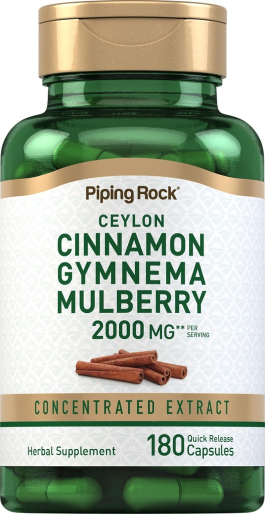 Piping Rock Ceylon Cinnamon Gymnema Mulberry Complex | 2000mg | 180 kapslit | Taimne täiendus | Kontsentreeritud ekstrakt | Mitte-GMO, Gluteenivaba