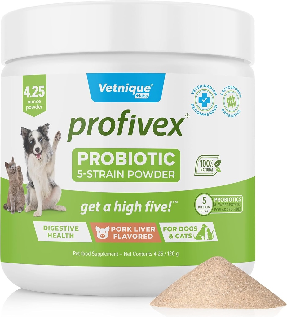 Vetnique Labs Profivex Probiootikumid koertele Kõik looduslikud koerte närimiskoogid ja pulber seedetrakti probiootilised toidulisandid koertele 5 probiootikumide tüved ja prebiootikumid (pulber, 4.25oz)