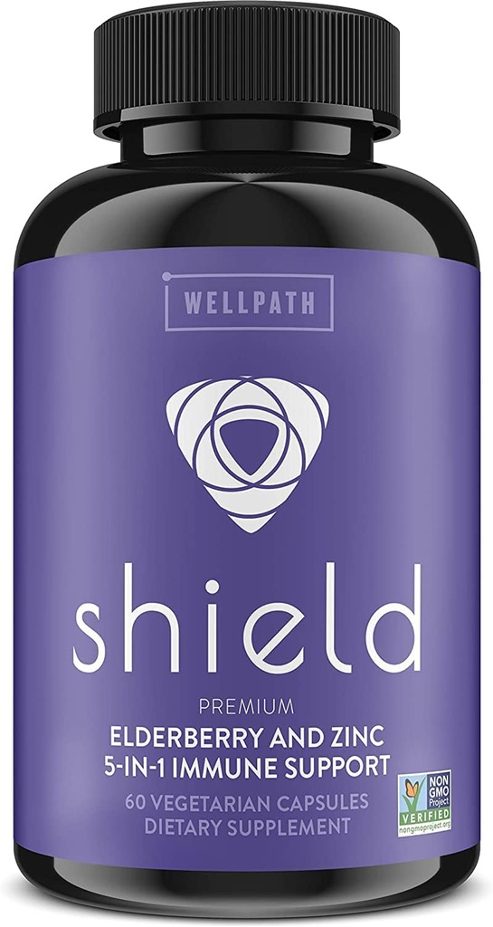 WellPath Shield Elderberry kapslid - 5-in-1 immuunsüsteemi tugivõimendaja tsink, C-vitamiin, Echinacea, Bee Propolis - Premium Tsink Supplement - 600 mg Sambucus Black Elderberry pillid täiskasvanutele - 60 Ct