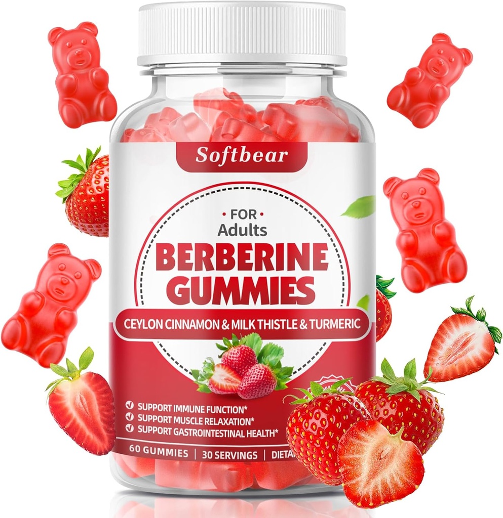 softbear Berberine koos Ceylon Cinnamon Gummies Orgaaniline Berberine HCL 1500mg Metabolism Immune Tervis Suhkruvaba Berberine Supplements Maasikas Maitsestatud 60 Count