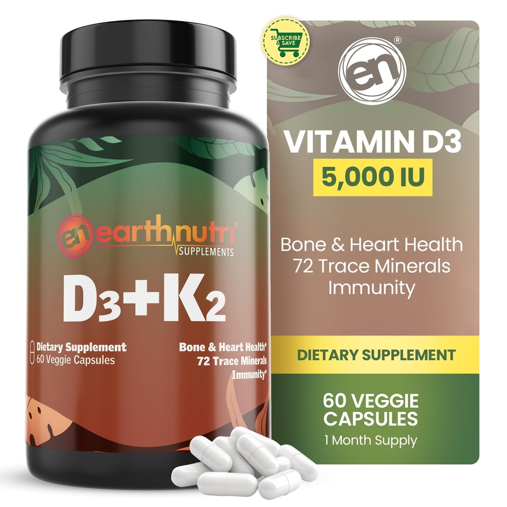 EarthNutri Vitamiin D3 K2 Supplement 5000 IU – Sisaldab K2 MENA Q7, D3 Vitashine, Kaltsium Aquamin ja 72 Trace Minerals – Immuunsüsteemi, Luude ja Südame Tervis – Non-GMO – 60 Veg Kapslid
