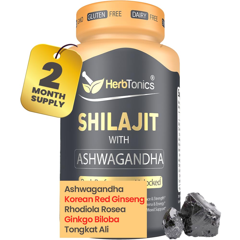 Herbtonics Shilajit meestele ja naistele, kellel on ashwagandha, Korea punane ženšenn, Rhodiola Rosea, Ginkgo Biloba, Tongkat Ali | Fulvic Acid & Trace Minerals for Stamina & Immunity | 60 Vegan Kapslit