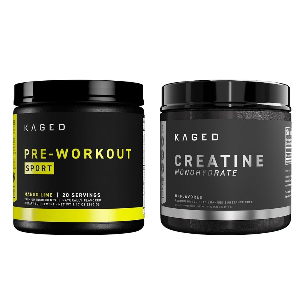 Kaged Pre Sport Pre Workout Pulber Mango Lime Kreatiin Monohüdraat Mikroniseeritud Powder Bundle, Energia Ja Lihaste Taastamise Täiendus Pakend, 20 Servings Pre-Workout + 100 Servings Kreatiin
