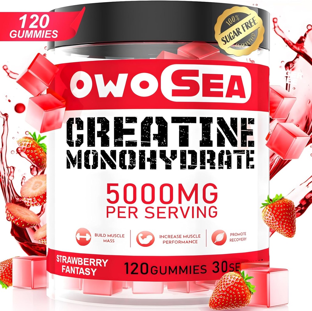 Kreatiinmonohüdraat Kummid meestele ja naistele 5000mg Kreatiin Monohüdraat serveerimiseks Lihaste toetamine Energia Boost 120 Loe närimistable 5g Kreatiin Supplement Suhkruvaba Vegan (1 Pack, maasikas)