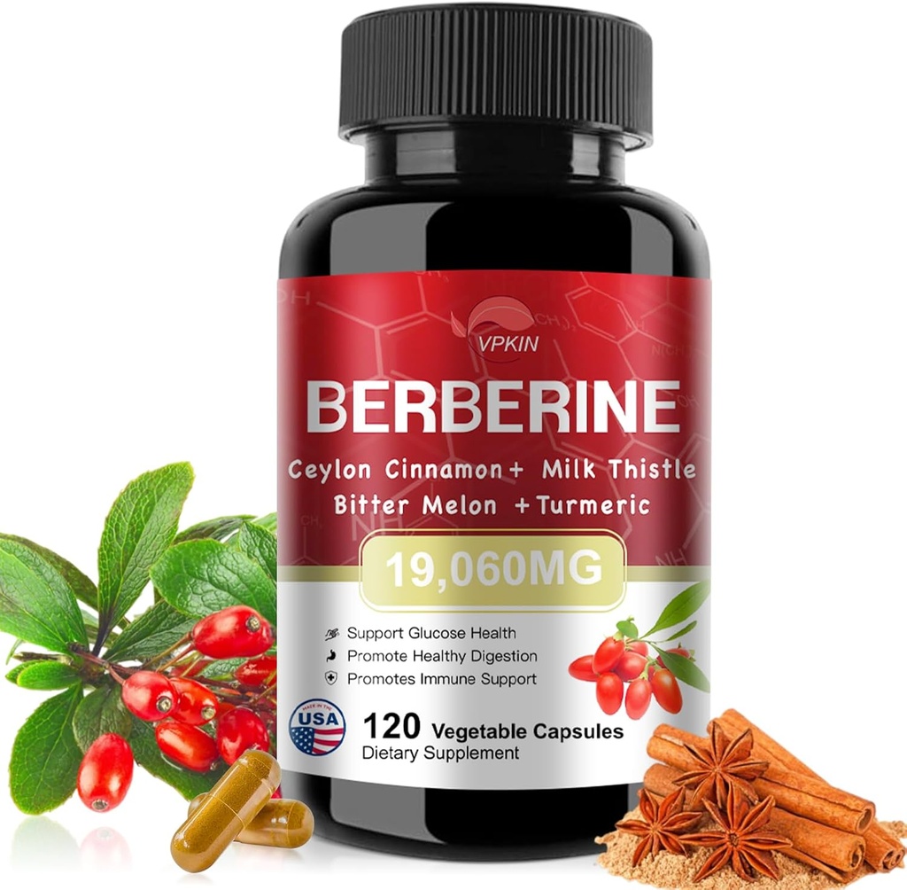 Berberine Supplement 19,060mg, Berberine koos Ceylon Cinnamon, Bitter Melon, Piimohakas, Berberine HCl Supplement(120 kapslit)