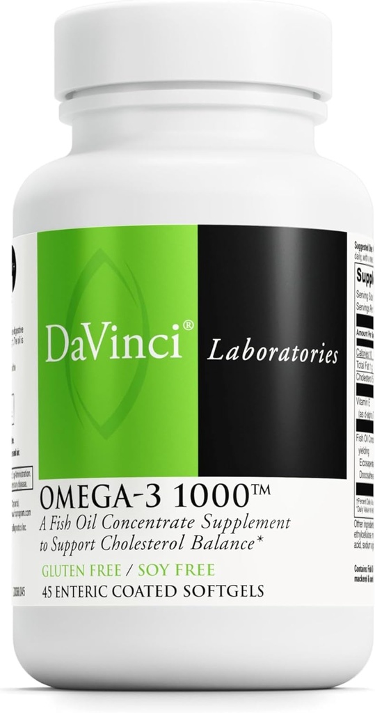 DAVINCI Labs Omega-3 1000 - Toidulisand säilitada juba normaalne kolesterooli tase ja toetada immuunsüsteemi, terved juuksed ja nahk * - Gluteenivaba - 45 soolestiku kaetud pehmed softgelid