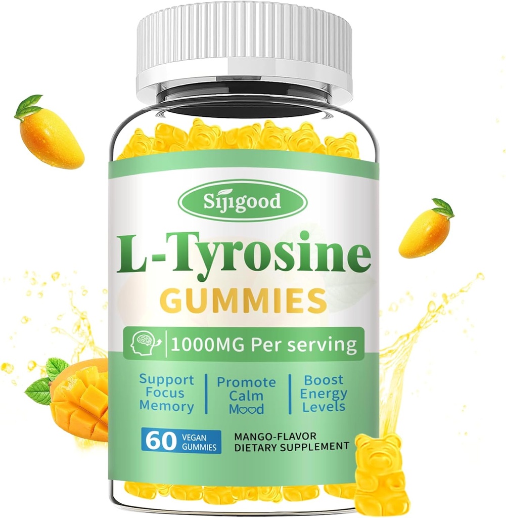 L-Tyrosine Gummies for Adults and Kids - 1000mg L-Tyrosine Supplement Focus Gummies for Brain, Mood, Energy Support, Vegan & Gluten-Free, Mango Flavor, 60 Count