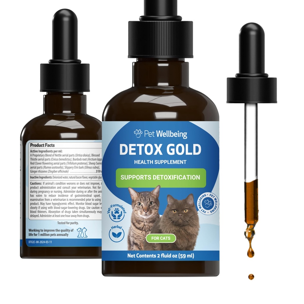 Lemmikloomade heaolu Detox Gold kassidele - õrn detoksifitseerimine ja eliminatsiooni toetamine, immuunsüsteemi hooldus, nõges, õnnistatud ohakas, Burdock Root - veterinaararsti poolt formuleeritud taimsed täiendus 2 oz (59 ml)