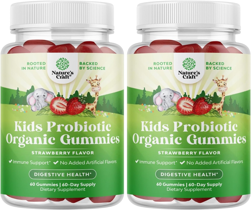 Loodused Craft USDA Orgaanilised probiootilised kummikud lastele - Vegan Non-GMO Kids Probiootiline närimiskummy Vitamiin immuunsuse ja seedetrakti tervise jaoks - õrn 2,5B CFU Orgaanilised probiootikumid Maasikamaitse (4 kuu)