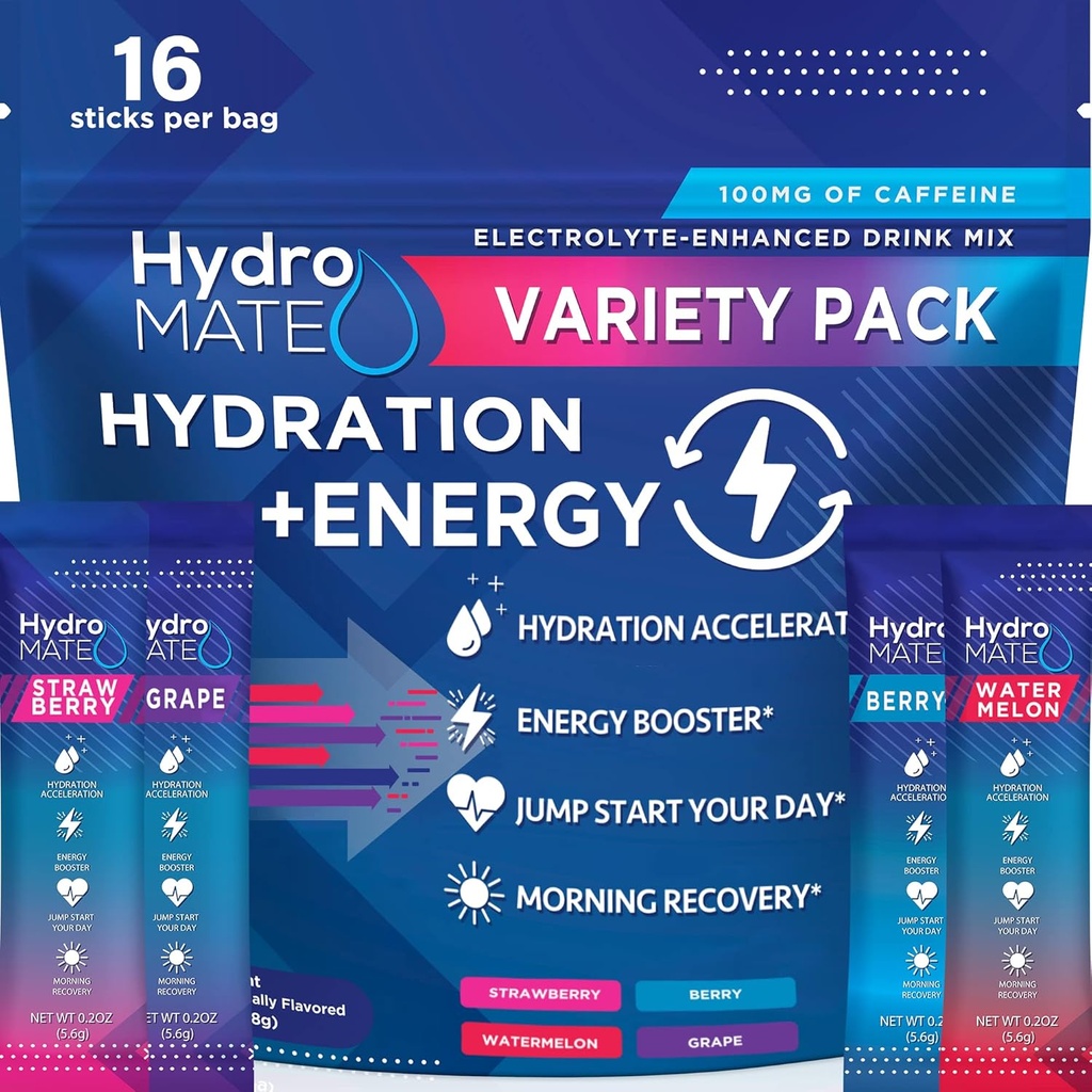 HydroMATE Electrolytes Powder Drink Mix Packets Hydration Accelerator Low Sugar Party Favors for Rapid Recovery Vitamin C Plus Caffeine Variety Pack 16 Sticks