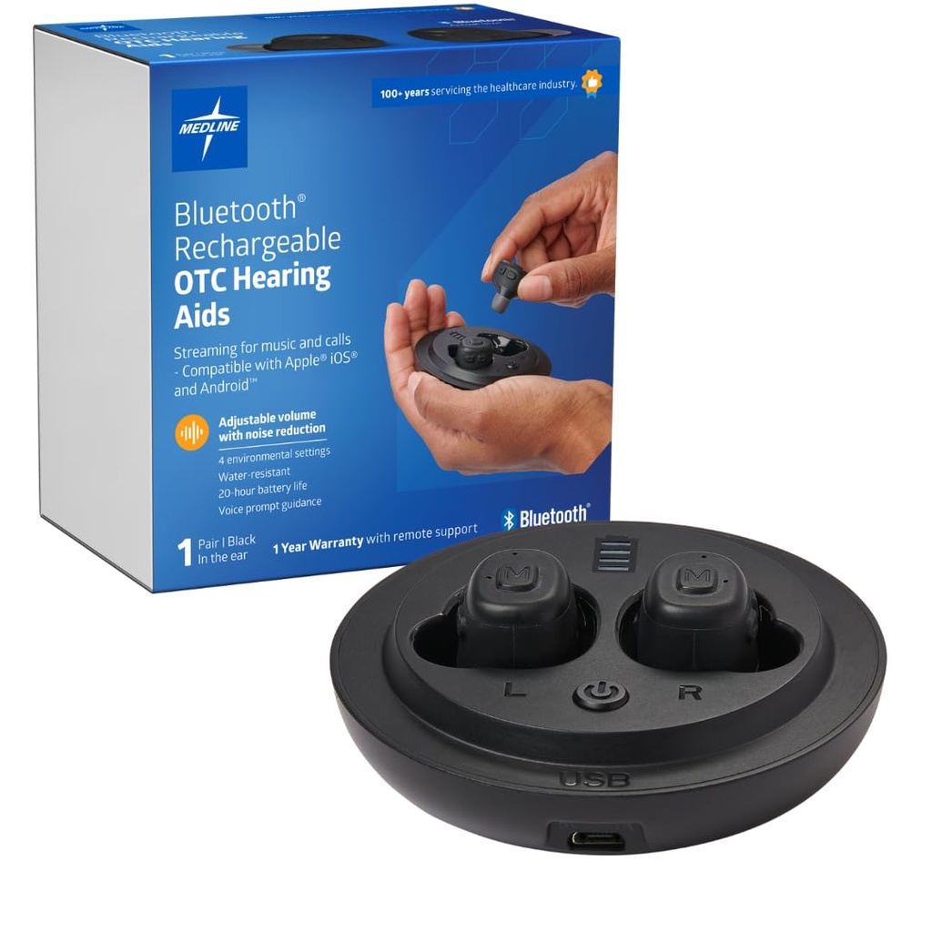 Medline Bluetooth laetavad OTC kuuldeaparaadid, in-The-Ear, 4 keskkonnaseadet, veekindlus, reguleeritav maht, kerge kuni mõõdukas kuulmislangus, müra vähendamine, kõrvaklapi kuulmisaparaadid