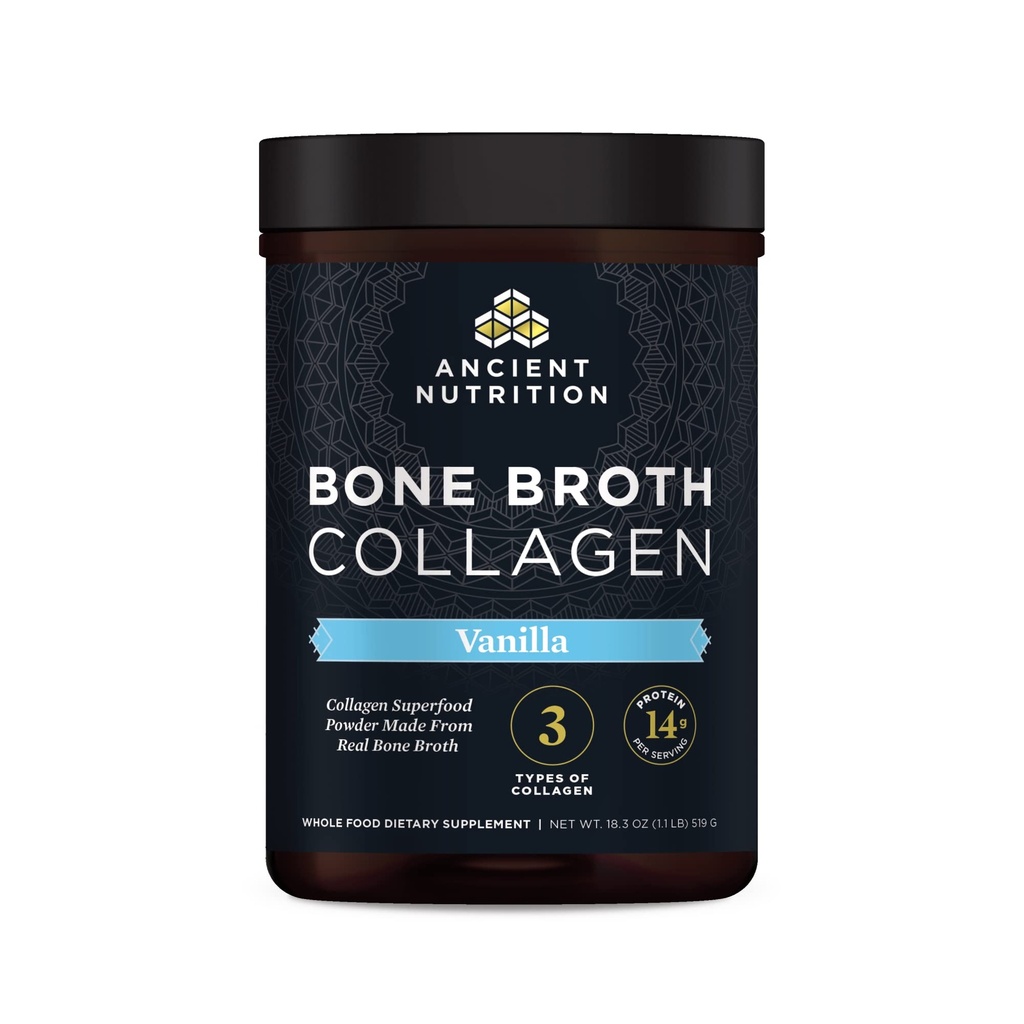 Ancient Nutrition kollageeni pulber, luupuljong kollageen, vanill, hüdrolüüsitud multi kollageenpeptiidid, toetab nahka ja küüneid, ühine täiendus, 30 serveerimist, 18,3oz