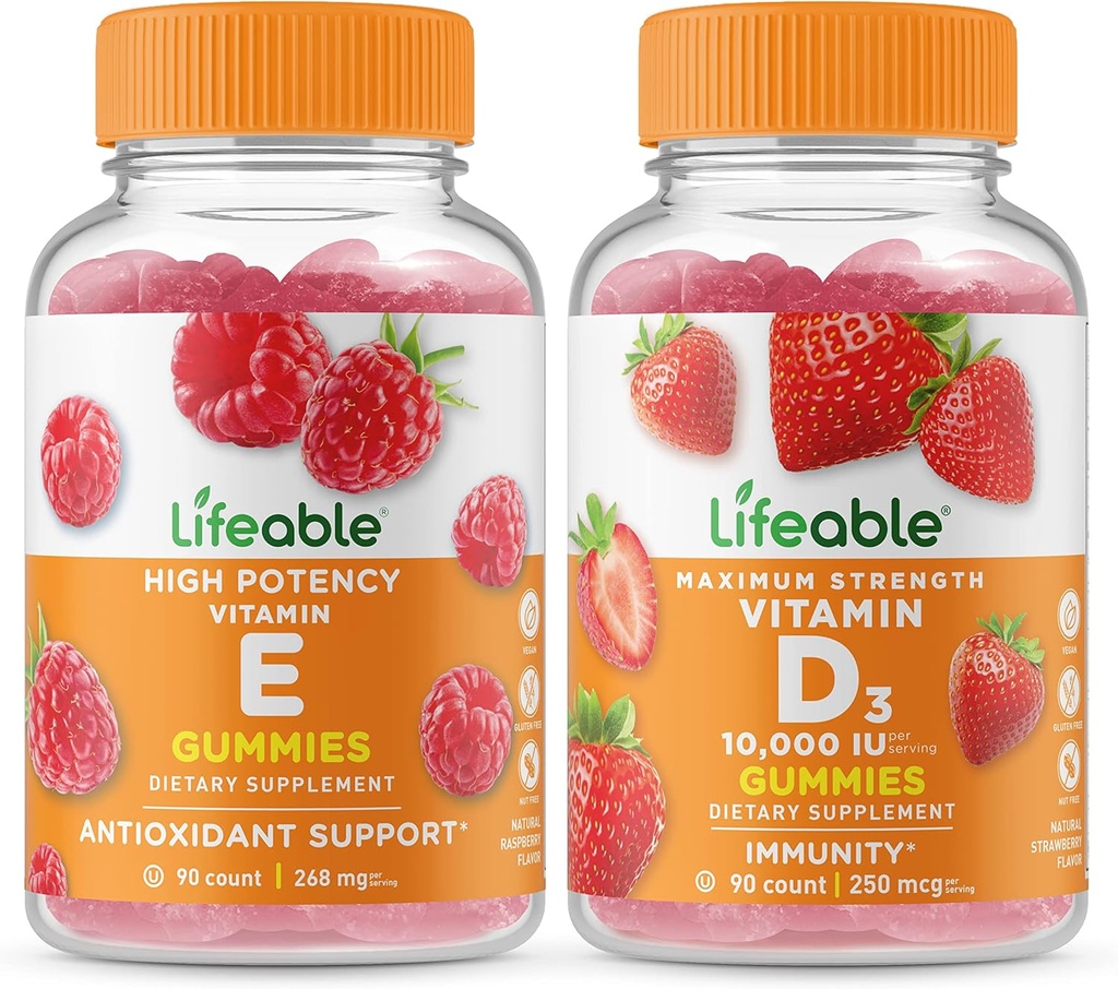 Elujõuline E-vitamiin + D-vitamiin 10000 RÜ, Gummies Bundle - suurepärane maitse, vitamiinilisand, Gluteenivaba, GMO-vaba, närimiskumm