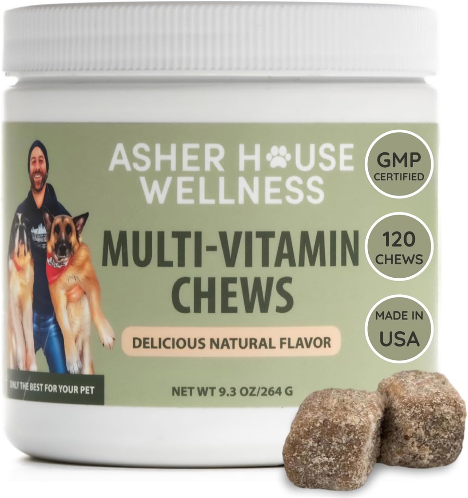 Asher House Wellness Dog Multivitamiini närimiskoogid - koera vitamiinid ja toidulisandid, pehme närimine lemmikloomadele probiootikumidega, linaseemned, ternespiim - põhjalik tervisetoetus kutsikast vanemaks, 120 närimist