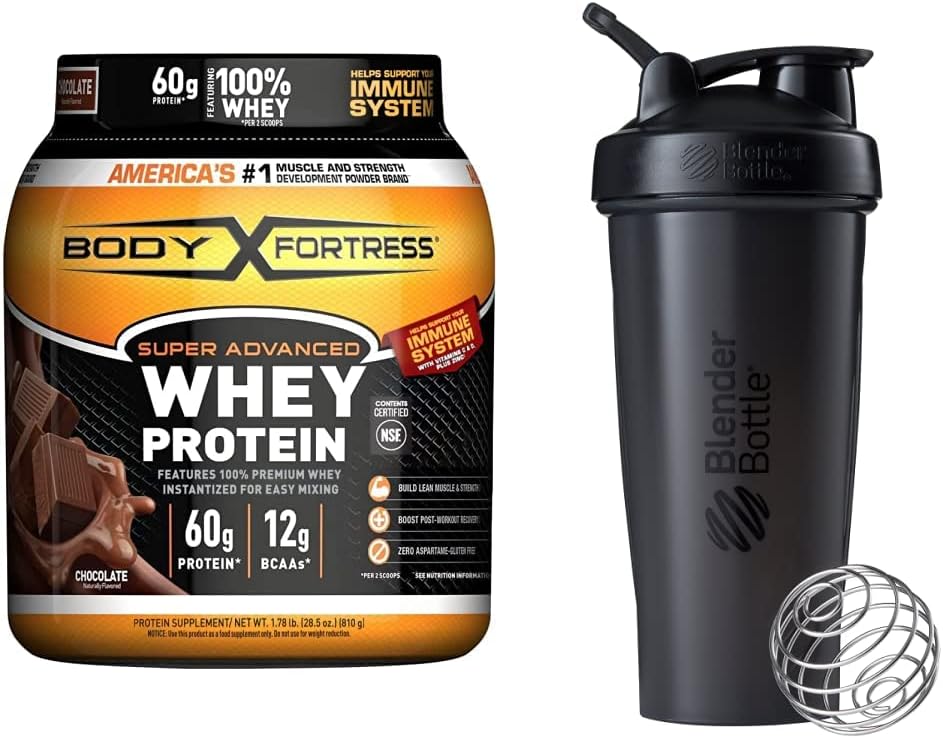 Body Fortress Super Advanced Whey Protein Pulber, Chocolate (1,78 naela) ja BlenderBottle Classic Shaker Bottle (28 oz), Black