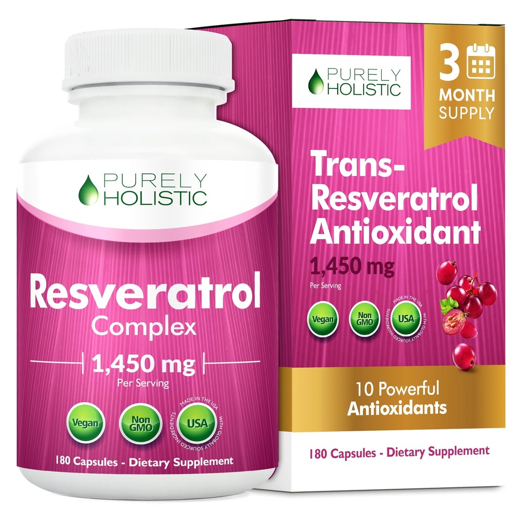 Puhtalt holistiline resveratrool 1450mg, 90 Servings, Trans-Resveratrooli antioksüdandi lisand C-vitamiini ja polüfenoolkompleksiga, 180 vegankapslit
