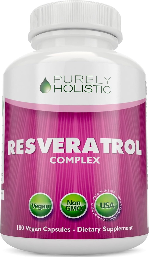 Puhtalt holistiline resveratrool 1450mg, 90 Servings, Trans-Resveratrooli antioksüdandi lisand C-vitamiini ja polüfenoolkompleksiga, 180 vegankapslit