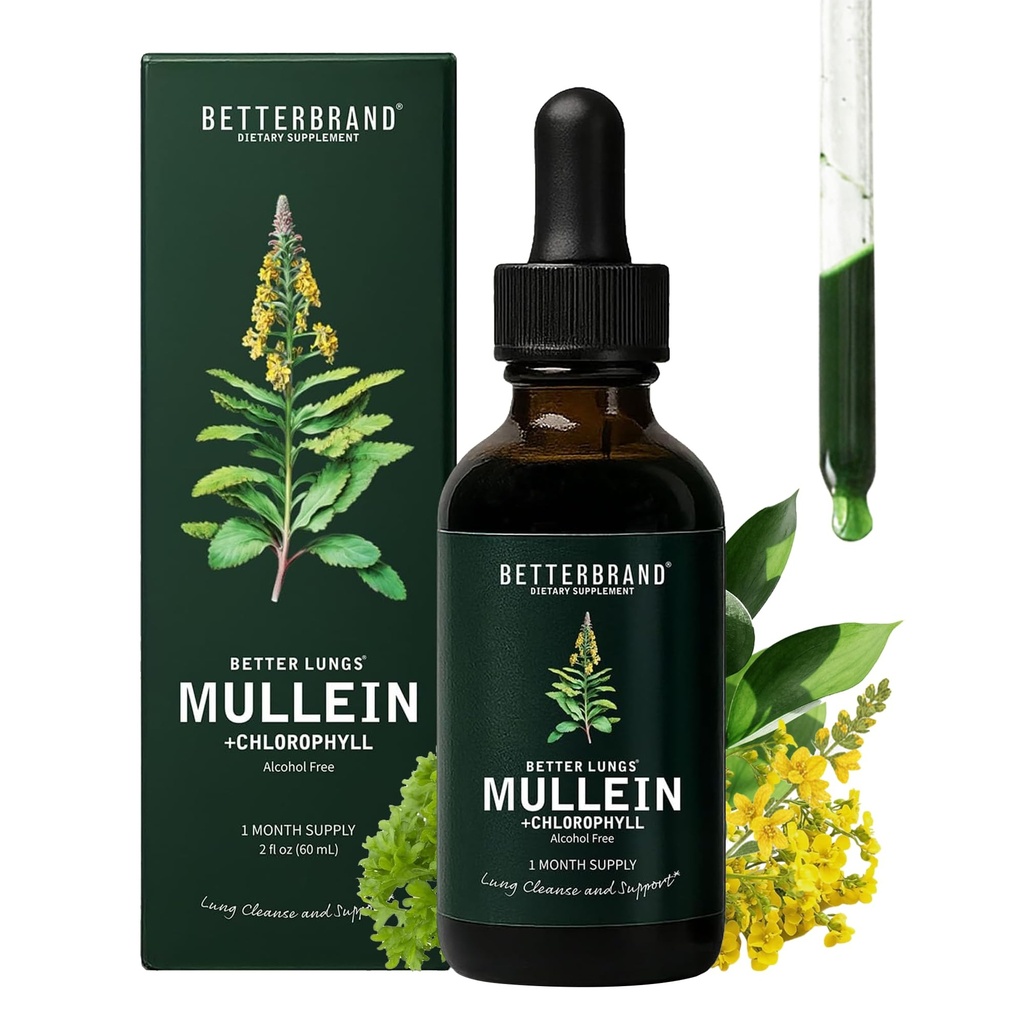 Betterbrand Mullein tilgad Lung Detox - Mullein Leaf Tinktuur klorofülliga - aitab toetada hingamisteede tervist, alkoholivaba, 1 kuu pakkumine - 60 ml