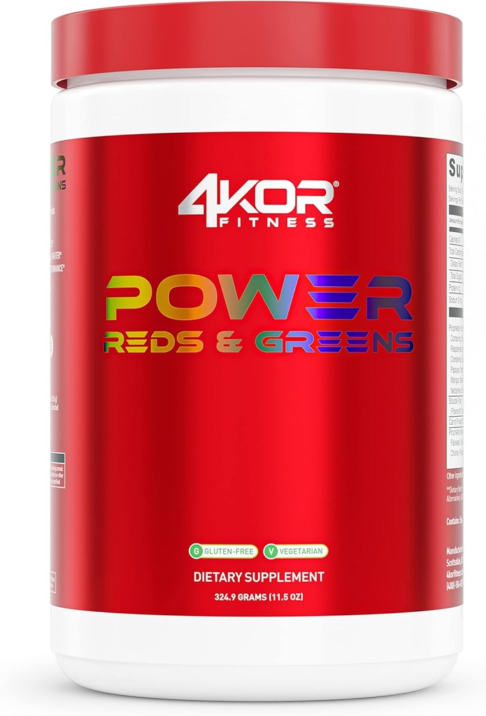 4KOR Fitness Power Reds & Greens: ergastav roheline jook, mis on valmistatud antioksüdant-rikastest supertoitudest, gluteenivabadest ja taimetoitlastest, 30 serveerimist (1 pudel)