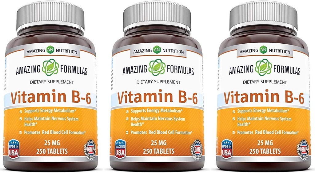 Hämmastavad valemid Vitamiin B6 Püridoksiin 25mg 250 tabletti Täiendus | Mitte-GMO | Gluteenivaba | Valmistatud USAs (3 pakendit)