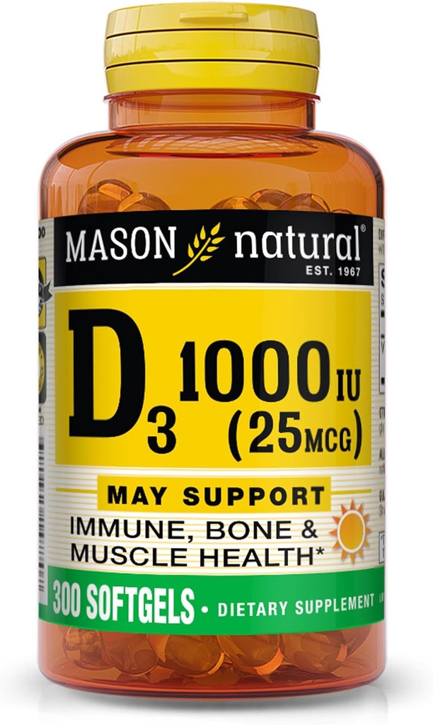 MASON LOODUSLIK vitamiin D3 25 mcg (1000 RÜ), toetab üldist tervist, tugevdab luud ja lihased, alates kalamaksaõli, 300 Softgels