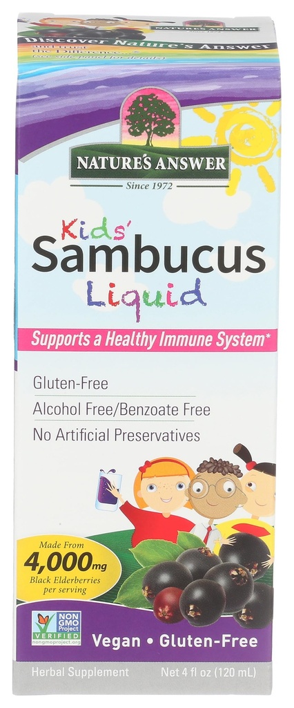Looduse vastus Biosaadav Sambucus Kids Formula | 4-vedelikud | Kosher sertifitseeritud orgaaniline leedrimarjasiirup | Suur maitse & gluteenivaba | Toidulisand | Kunstlikke säilitusaineid ei ole (pake 1)