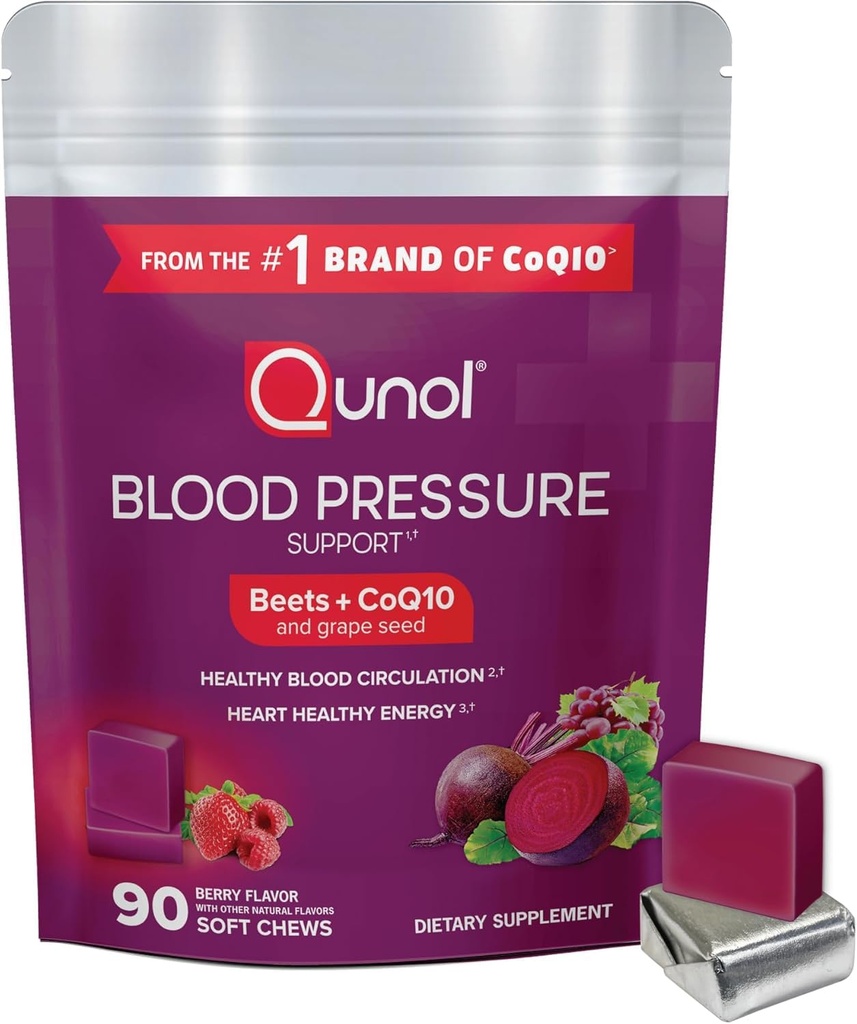 Qunol Beets Chews vererõhu toetamiseks, 3: 1 peet + CoQ10 + viinamarjaseemne ekstrakt, toetab tervislikku vereringlust ja südame tervislikku energiat, 90 närimist