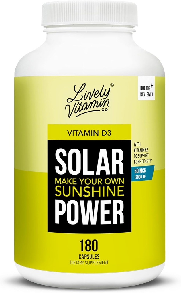 LIVELY VITAMIN CO. Päikeseenergia Vitamiin D3 2000 iu - patenteeritud Vitamiin K - MK7 - Immuuntasakaal - Ajufunktsioon - meeleolu - süda - stress - 180 loend