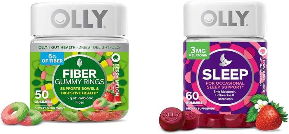 OLLY Fiber Gummy rõngad 50ct & Sleep Gummy 60ct melatoniini, L-Theanine'i, kummeli, sidrunbalmiga