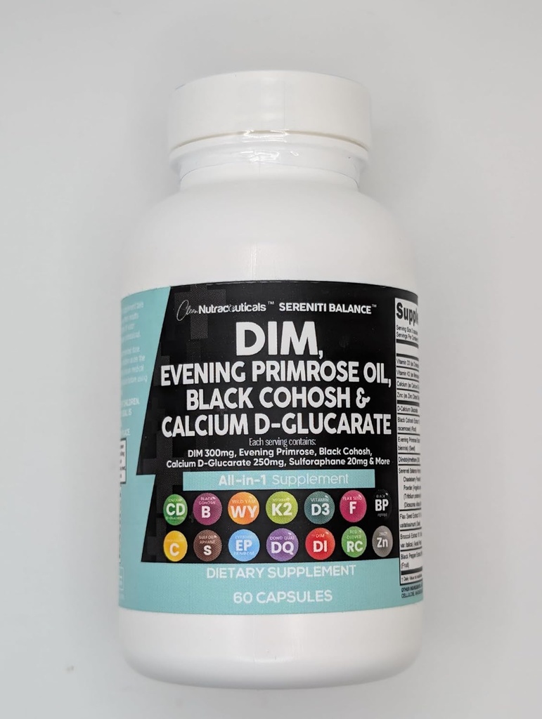 Puhas Nutraceuticals DIM Õhtune Primrose Black Cohosh Kaltsium D-Glükaraat Sulforaphane Linaseemneekstrakt - Hormonaalsed tugivitamiinid naistele Dong Quai - 60 kapslit