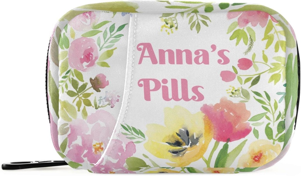 Kohandatud Pill Box 7 päeva Pill Case Bag akvarell Floral personaliseeritud Nimi Travel Pill Korraldaja kott Zipper Portable Weekly Case Compact Suurus Vitamiini täienduse hoidja