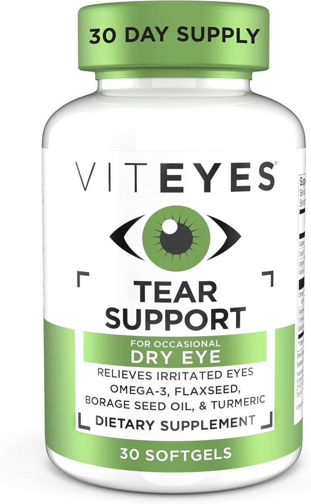 Viteyes Tear Support Silma rahustav segu, aeg-ajalt kuiva silma lisand, silmatilkade puudumine, punetuse leevendamine, silmavitamiin, allergia tugi sügelevatele silmadele, Omega-3 kalaõli, 30 softgels