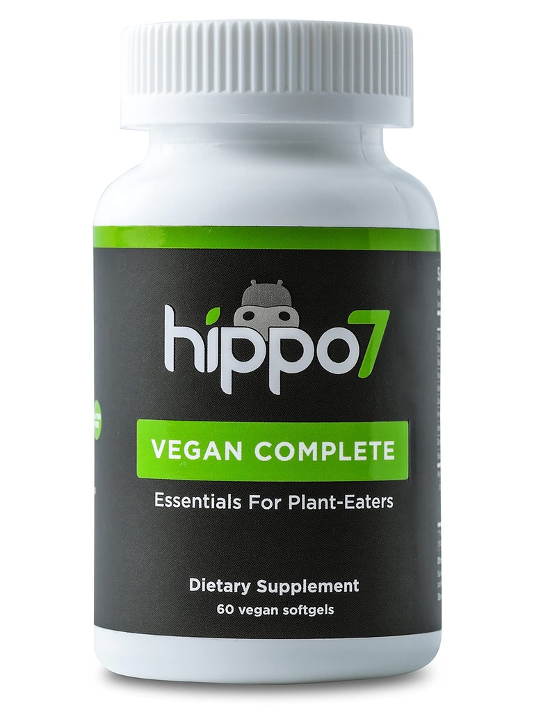 Hippo7 Vegan Täielik multivitamiin B12, vitamiin D, oomega-3 DHA+EPA, kaltsium, jood, tsink ja raud (1 pudel, 60 Softgels)