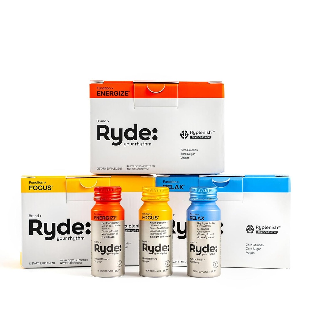 Ryde: Discovery Pack | Energize, Focus & Relax Shots | Green Tee Kofeiin, tauriin, ženšenn, B-vitamiinid, L-Theanine, Sidrun Balm, Kummel | 0 Kalorid, 0 Suhkur | Variety Pack – Proovi neid kõiki (24 Pack)