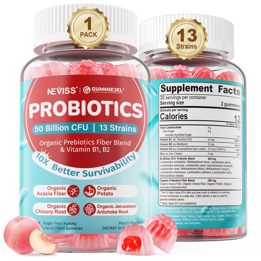 NEVISS Probiootikum + Prebiootilised kummikommid täiskasvanutele ja lastele 4+, suhkruvaba näritav 50 miljardit CFUd w / Fiber, vitamiin B1 B2 D3 & tsink, seedetrakti ja soolestiku tervisele, suurendage mikrofloora mitmekesisust, 60 Cts