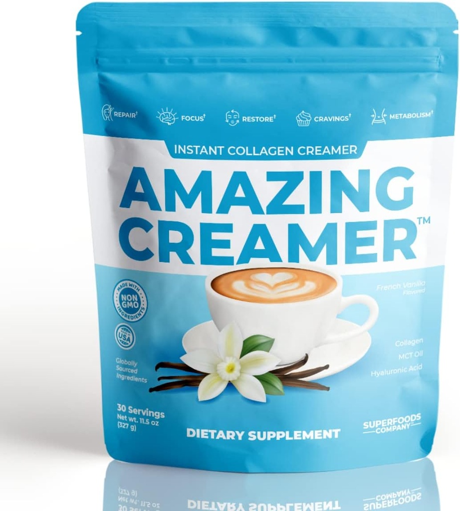 Superfoods Company Amazing Creamer kollageeniga - Keto Creamer-Hyaluronic Acid & MCT Oil - Aju suurendab ja piirab isu - toetab tervislikku nahka ja juukseid - dieet-sõbralik [30 Servings] [Vanilla]