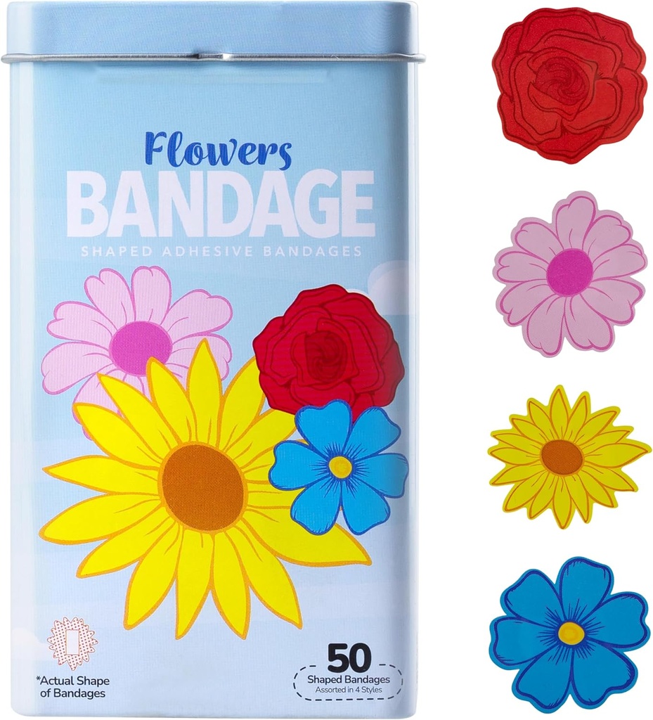 BioSwiss Kids Bandage, Flowers Shaped Self Adhesive Bandage Set, Latex Free, Sterile Haavahooldus, 50 Count