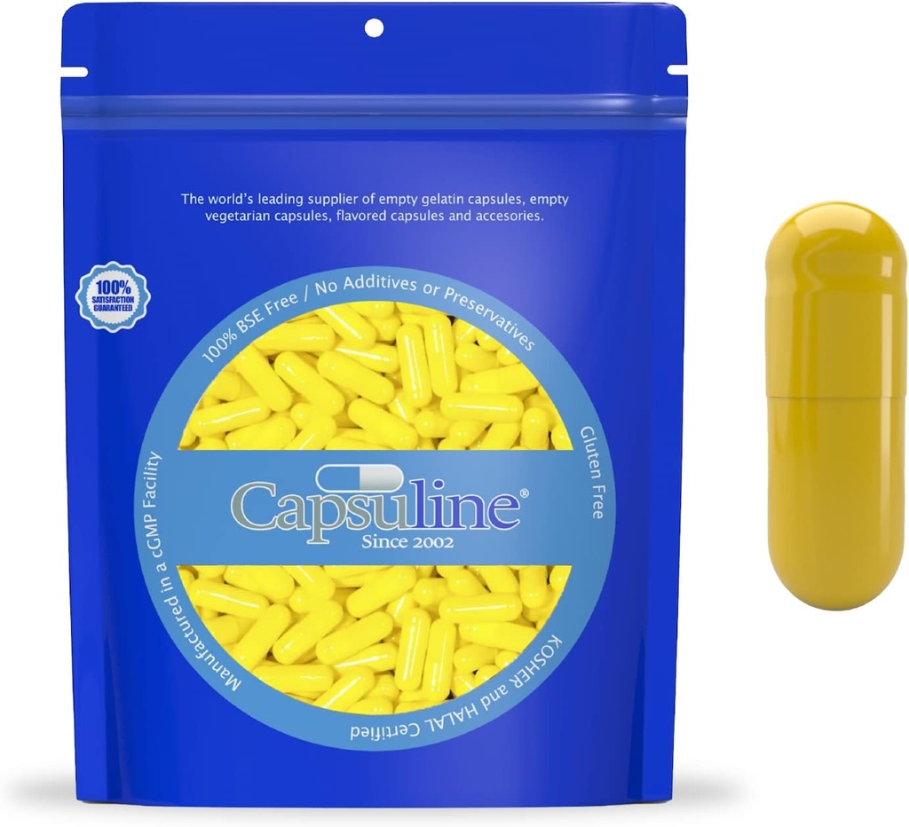 Värviline suurus 0 Tühjad želatiinkapslid kapsli järgi - kollane/kollane 10000 Count |Kosher & Halal Certified |Gluteenivaba