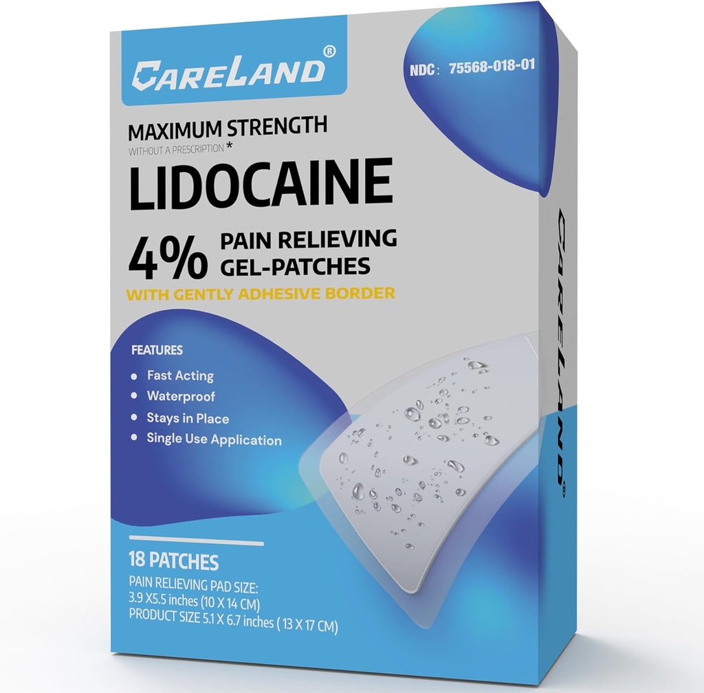 CARELAND 4% Lidocaine Patches 18 Tcs Veekindel Maksimaalne tugevus Seljavalu Relief Tooted Plaastrid Tugev kleepuv piir, Kael Põlve Närvi Õlga Valu Relief Lihaslõõgastav, Super Sticky