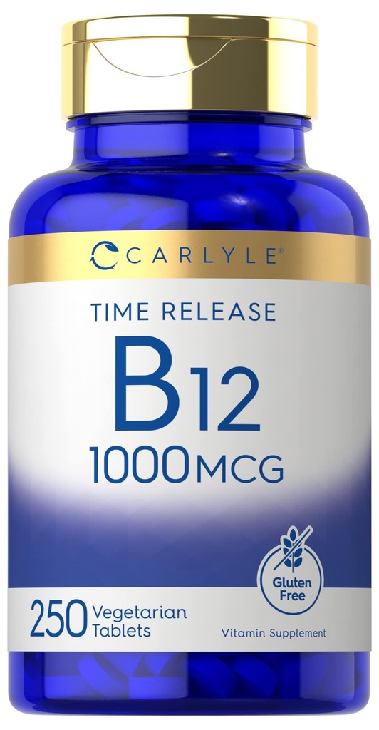 Carlyle B12 Vitamiin 1000 mcg | 250 Count | Time release tabletid | nagu tsüanokobalamiin | Taimetoitlane, mitte-GMO ja gluteenivaba toidulisand